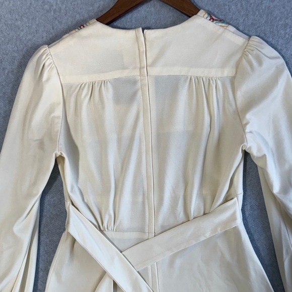Vintage 70s Cream Embroidered Square Neck Mini Dress Long Sleeve Boho Style 5600 - Picture 10 of 16